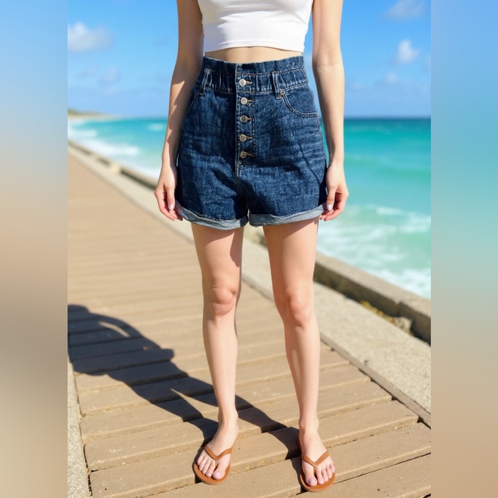 Express Super High Waisted Paperbag Jean Shorts Sz. Large Women’s Regular - Picture 3 of 5